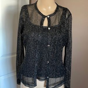 JS COLLECTION Canada Black Silver Metallic Lined Tank semi Sheer Button Shirt 6